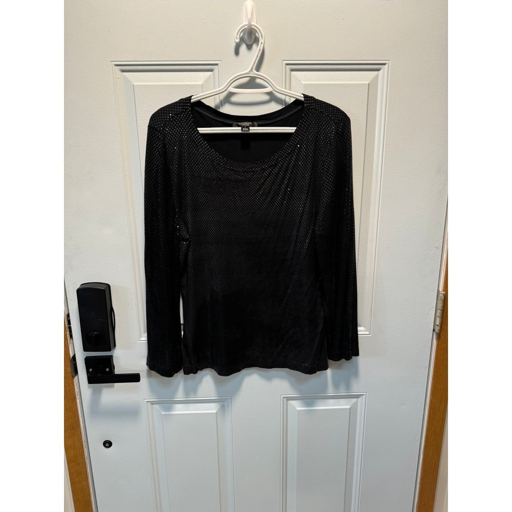 Women's St. John Caviar Black Sequin Shimmer 3/4‎ Sleeved Blouse Size Medium